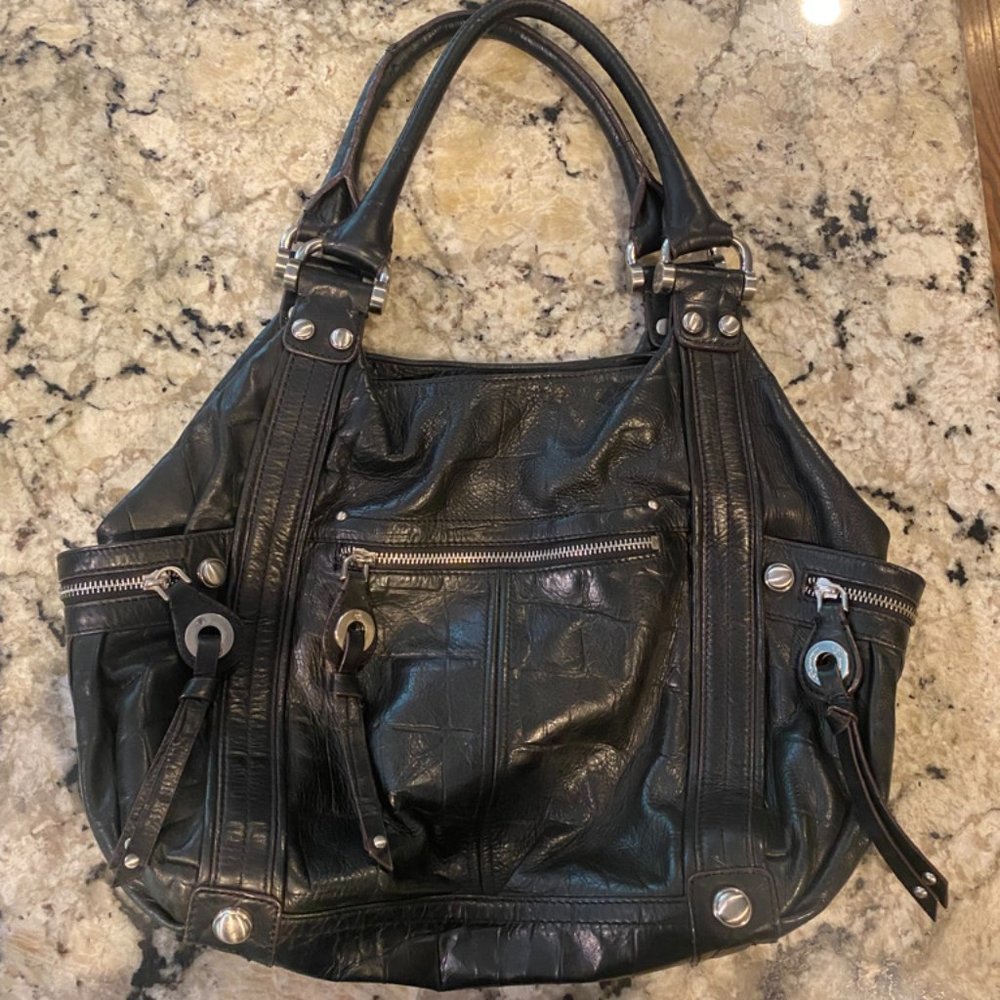 B. Makowsky Black Leather Bag Purse Silver Hardware